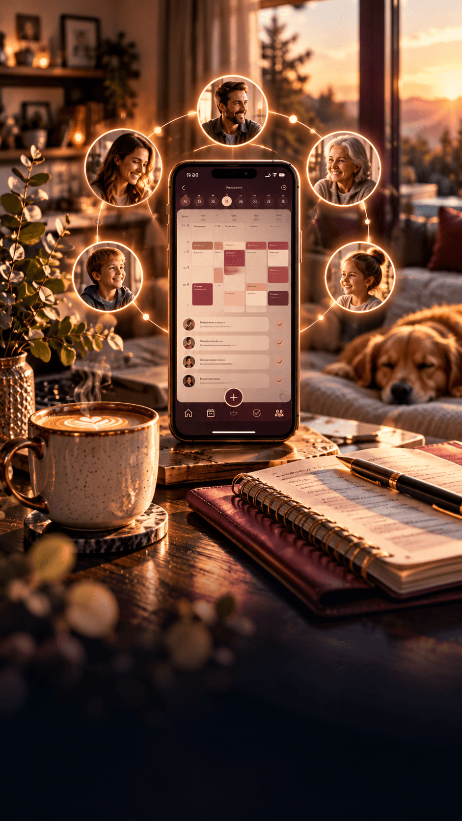 A phone showing a shared family calendar and task list, surrounded by glowing portraits of family members, on a warm living-room table with coffee and a planner