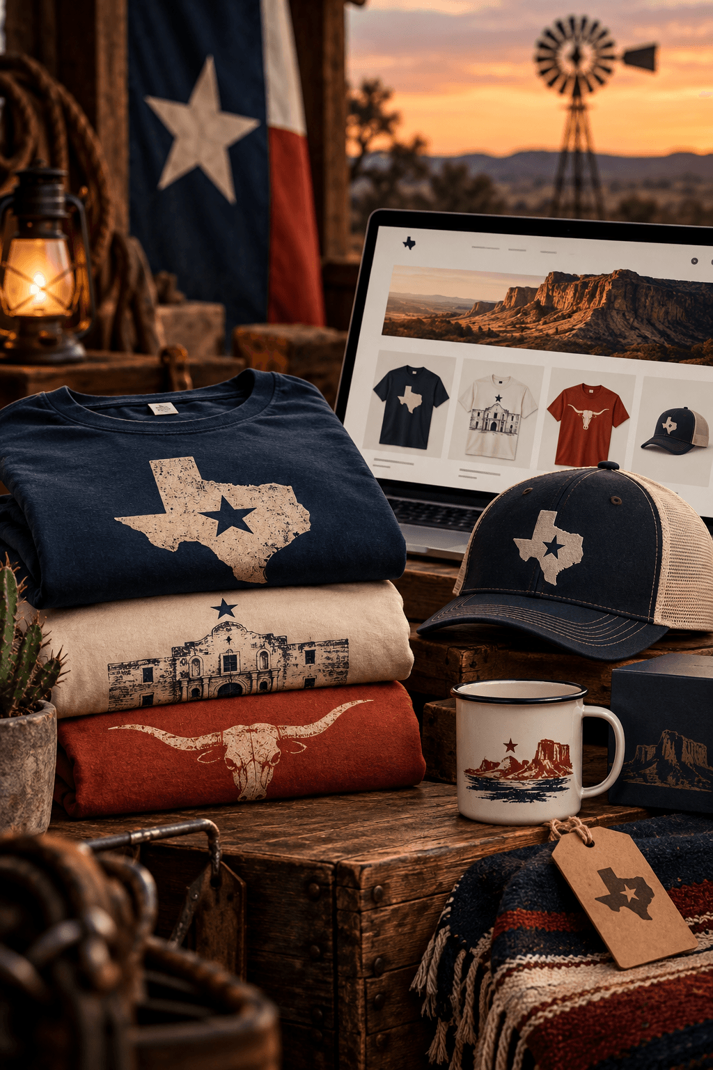 Folded Texas-themed T-shirts, a trucker cap and an enamel mug on a rustic wooden crate, with a Texas flag, lantern and windmill at sunset and a laptop showing the online store