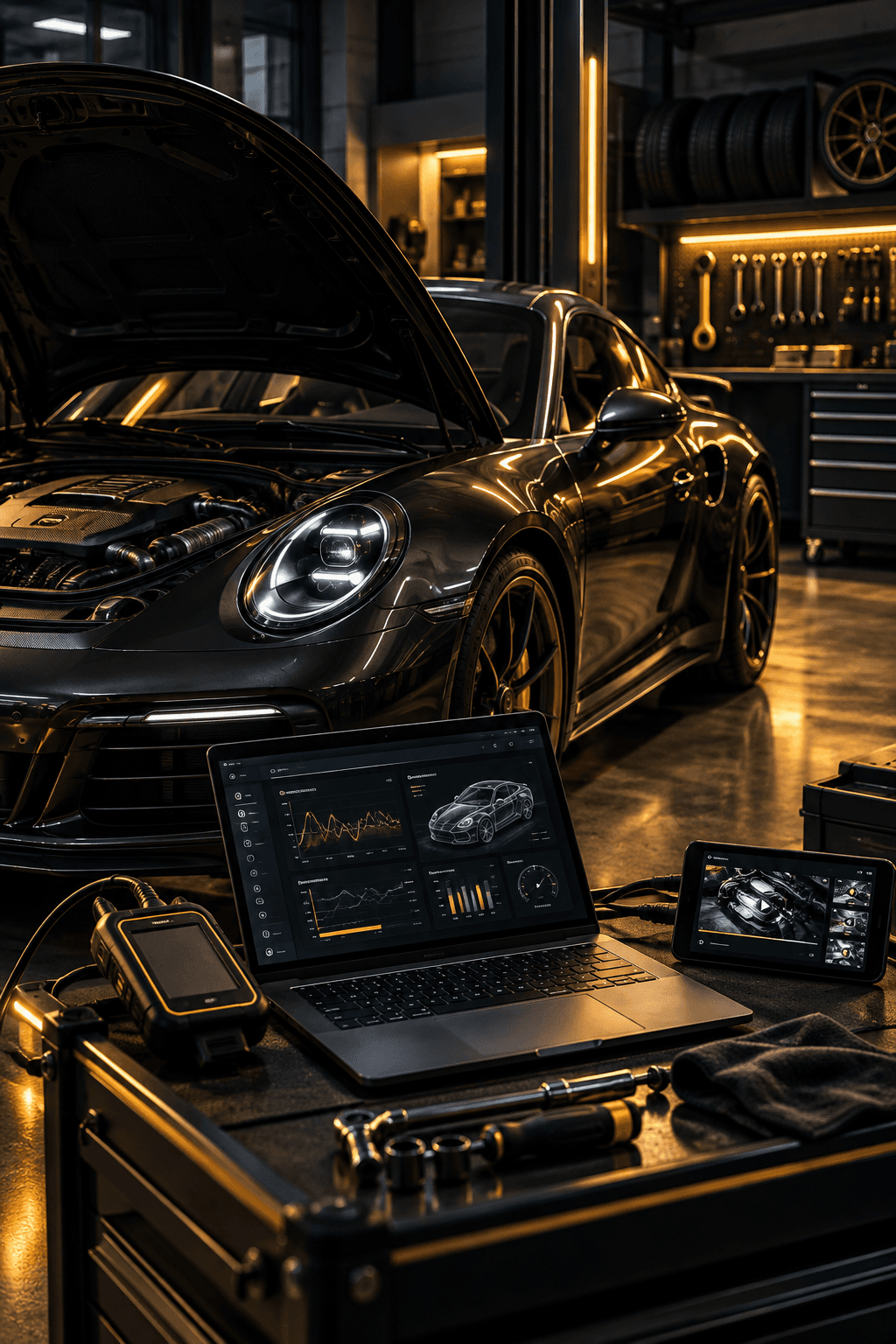 A black Porsche with the hood open in a dark garage, with a scan tool, a laptop showing diagnostic charts and a tablet repair video on a tool chest
