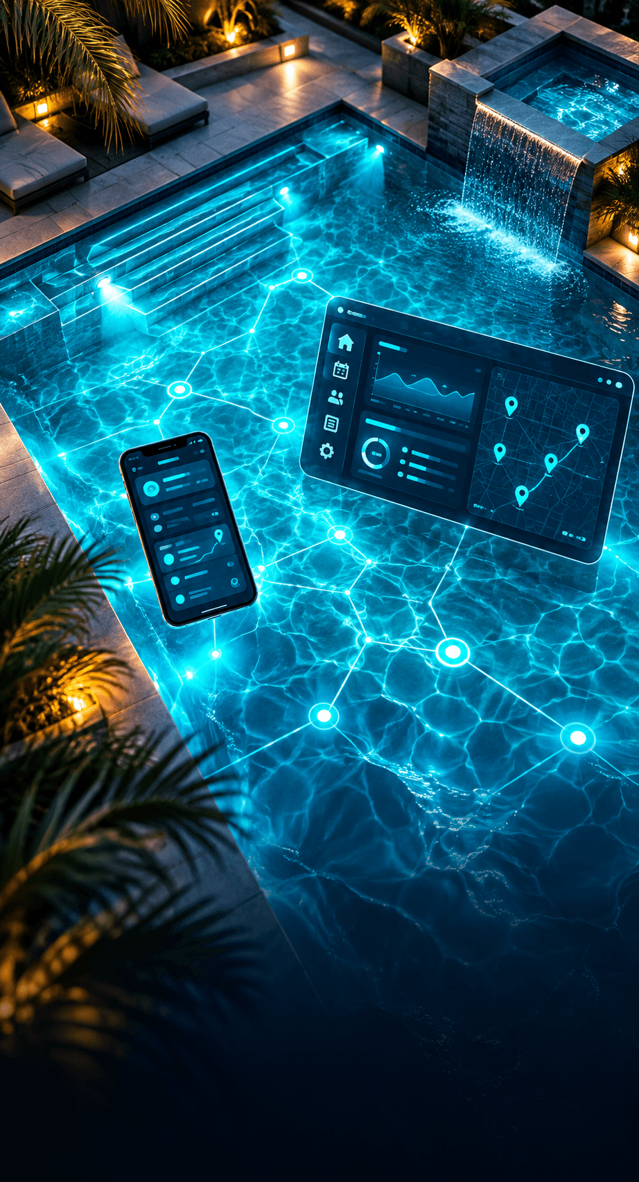 A lit backyard pool at night with a glowing network across the water, a phone showing a technician route app and a floating dashboard with service charts and a map