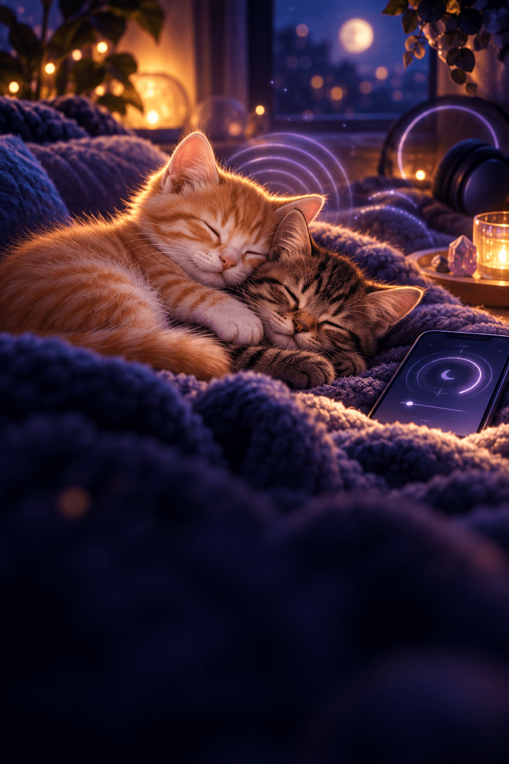 Two kittens, one orange and one tabby, asleep together on a soft purple blanket at night beside a phone playing a sleep session, with candlelight and soft sound waves