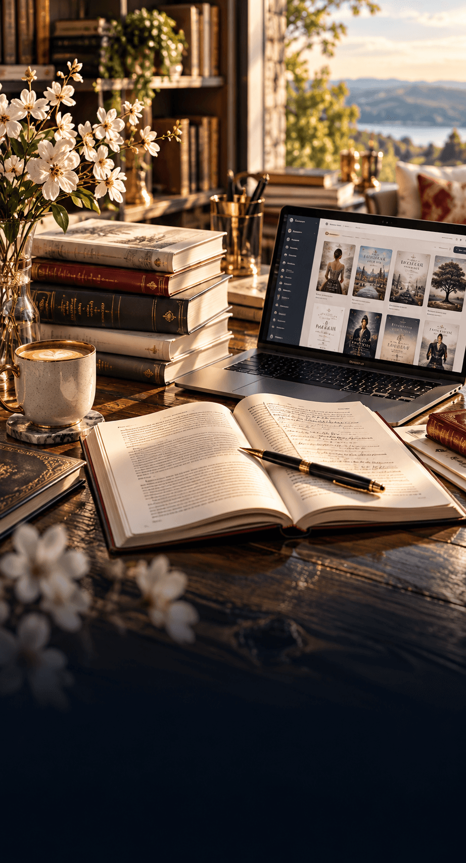 A writer's desk in golden light: stacked hardcover books, an open manuscript with a pen, coffee, and a laptop showing a library of book covers
