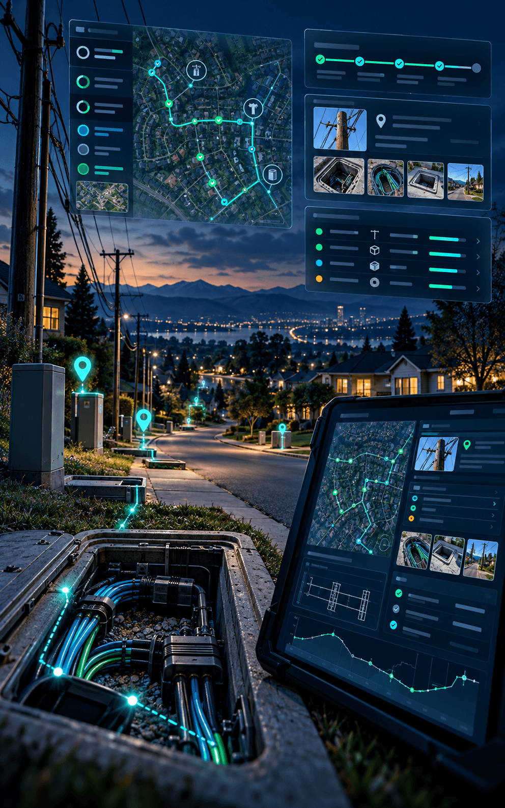 Fiber field crew at dusk: an open handhole vault with fiber cables, utility poles and a rugged tablet showing a route map, field photos and production status