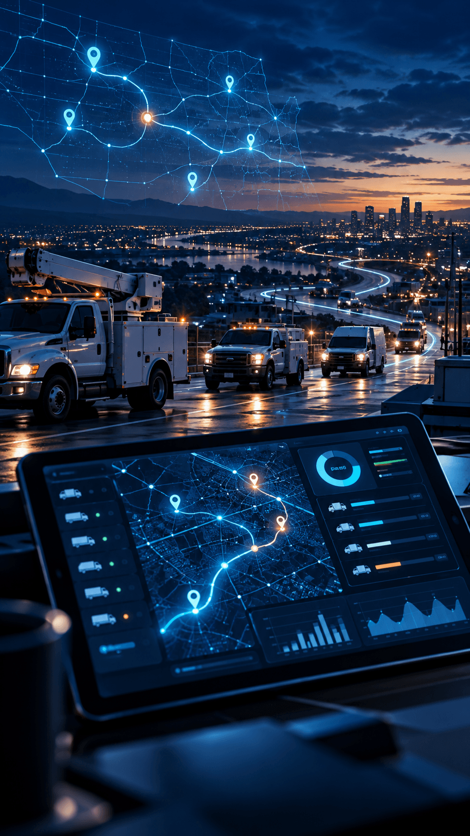 Utility trucks on a city road at night under a glowing route map, with a tablet showing a fleet list, live dispatch routes and readiness charts