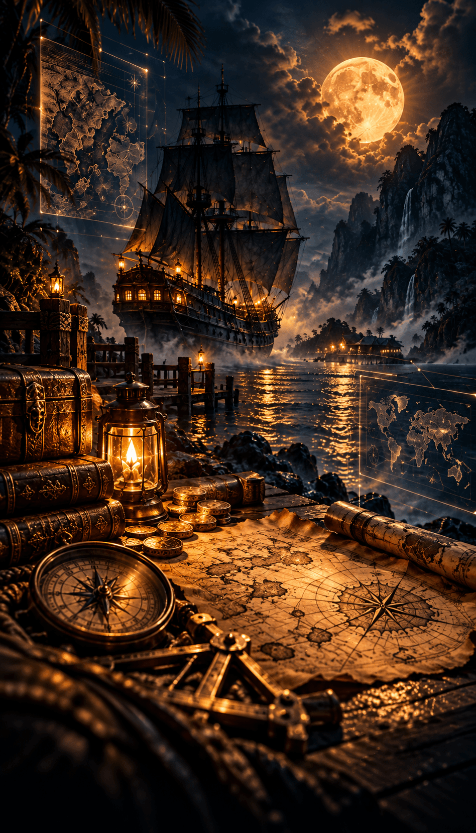 A tall ship under a full moon off a jungle coast, with a lantern, compass, gold coins, leather-bound books and an old sea chart on a dock, framed by glowing map panels